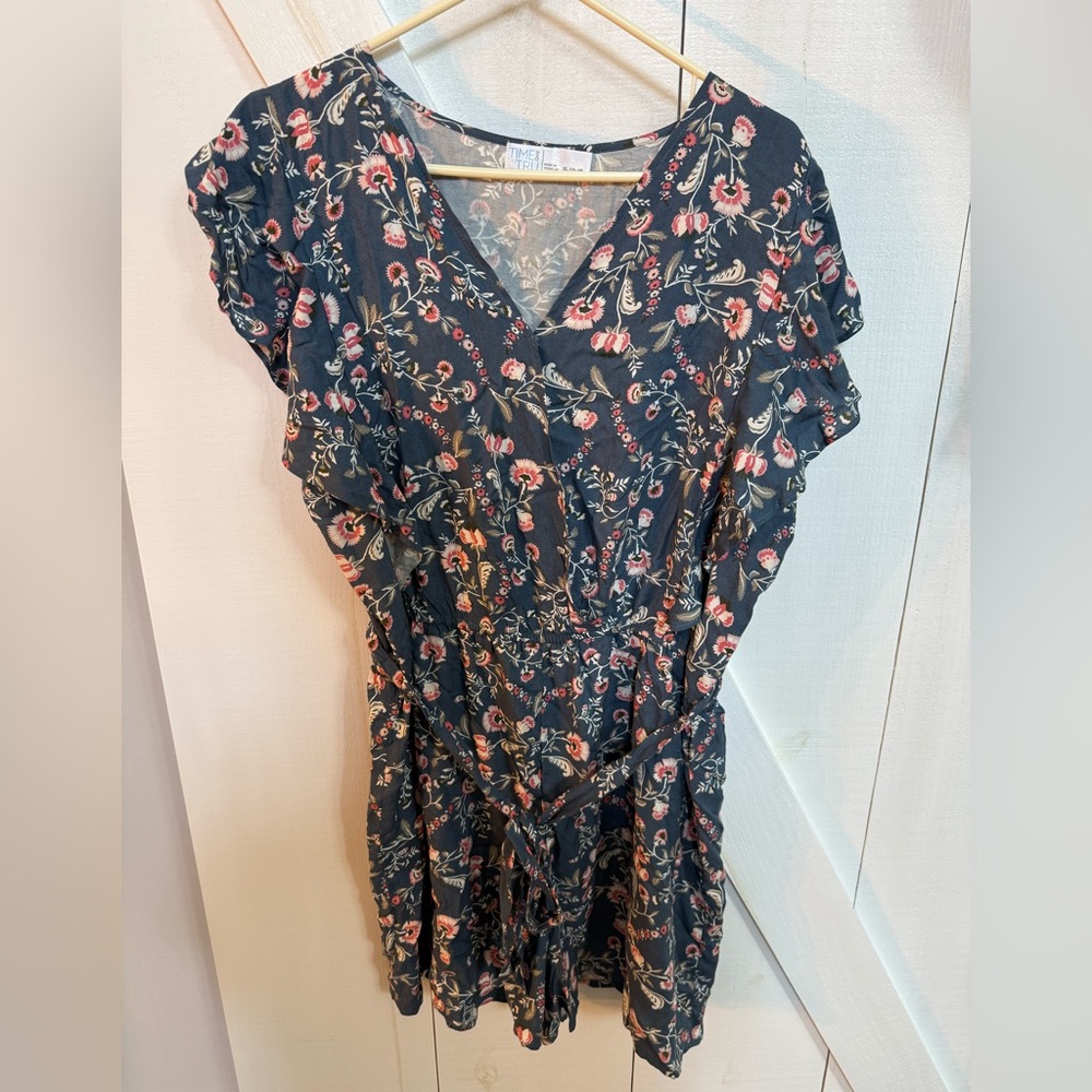 Time and Tru Navy Floral V-Neck Romper with Waist Tie